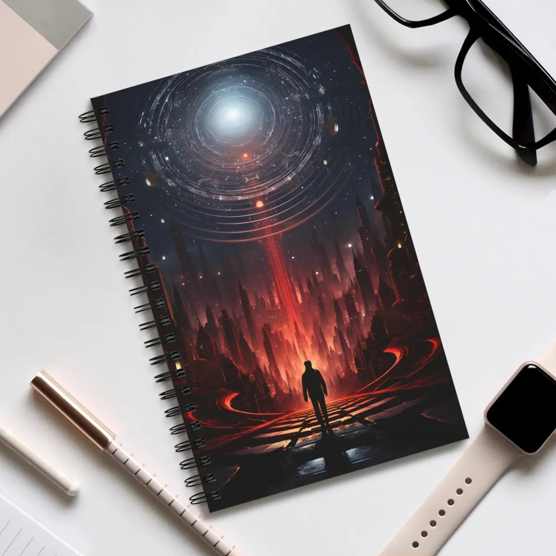 Futuristic Cityscape: Neon Sky Meets Nature's Harmony - Spiral Notebook