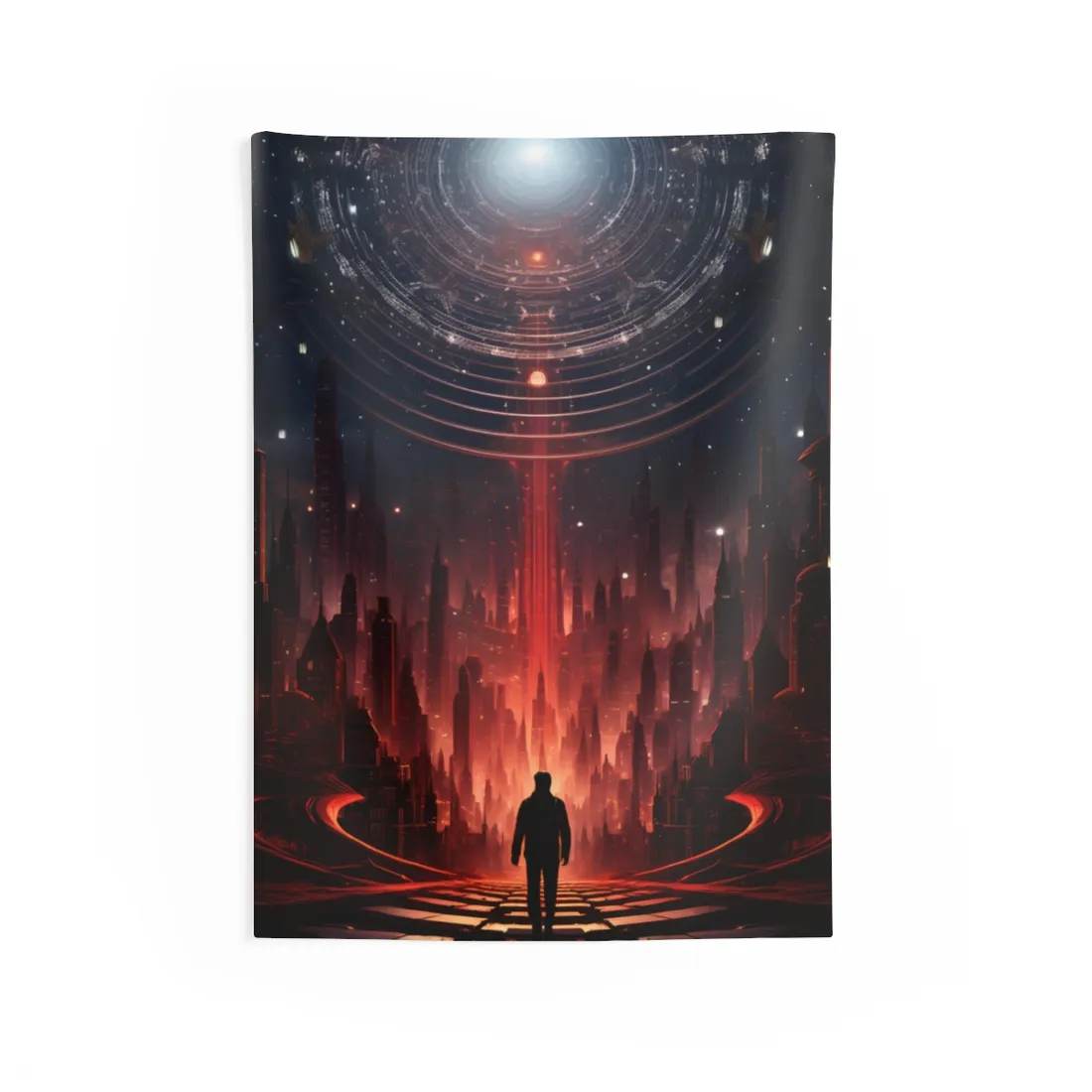 Futuristic Cityscape: Neon Sky Meets Nature's Harmony - Wall Tapestry