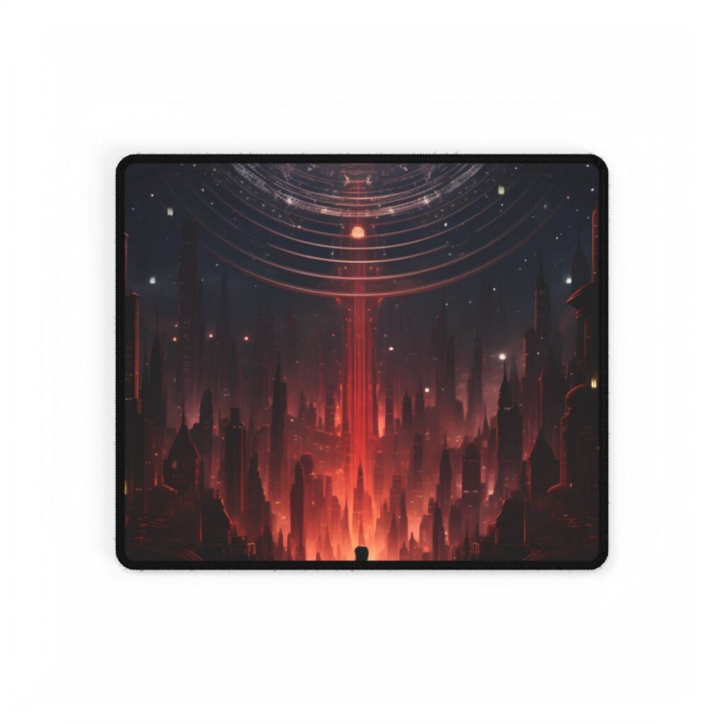 Futuristic Cityscape: Neon Sky Meets Nature's Harmony - Desk Mat