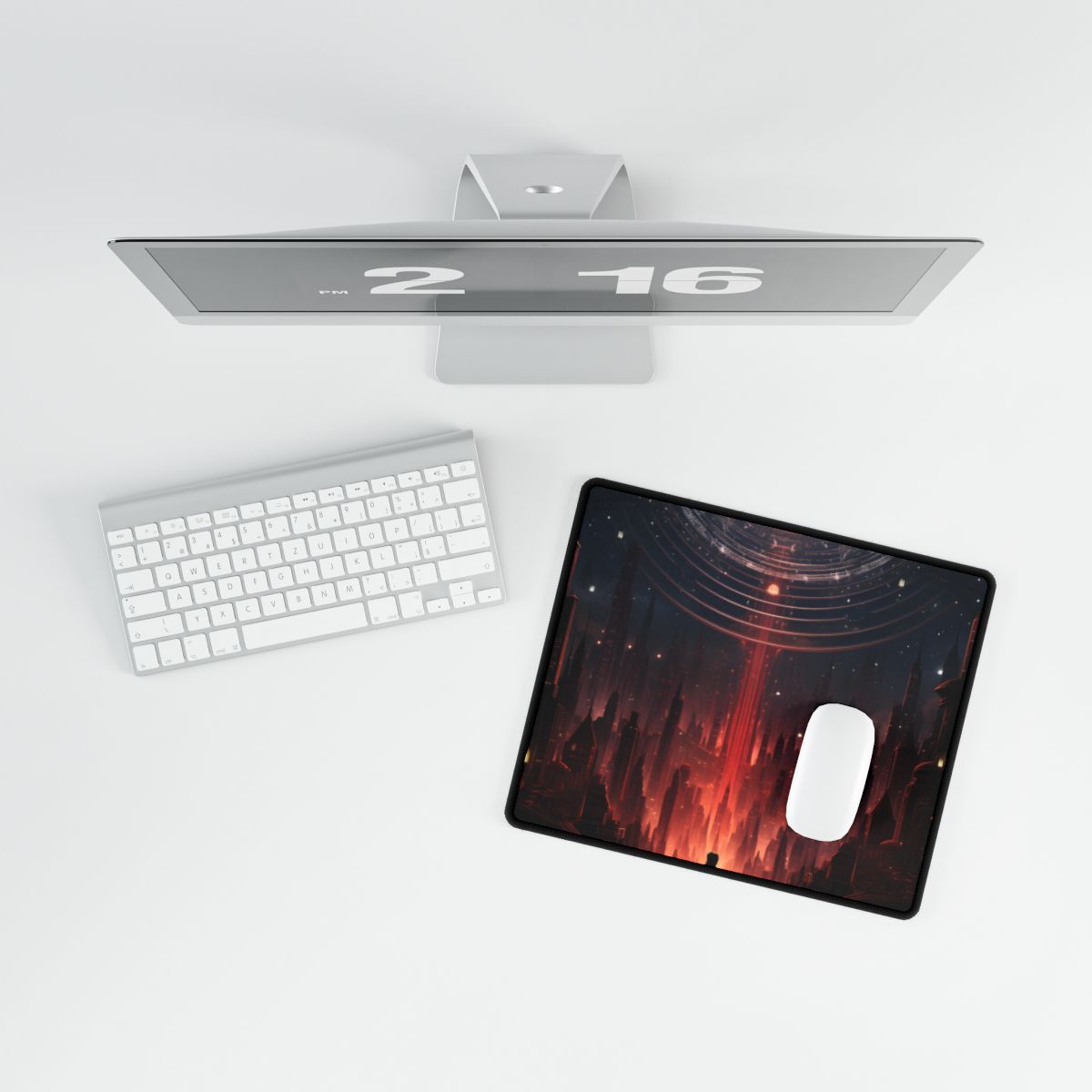 Futuristic Cityscape: Neon Sky Meets Nature's Harmony - Desk Mat