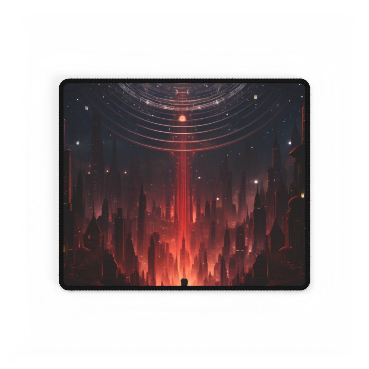 Futuristic Cityscape: Neon Sky Meets Nature's Harmony - Desk Mat