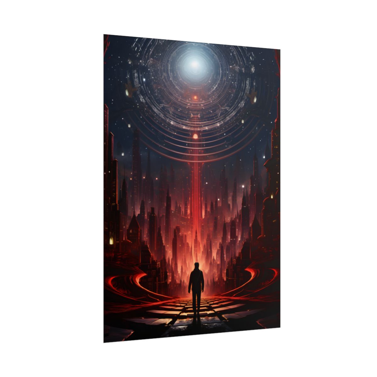 Futuristic Cityscape: Neon Sky Meets Nature's Harmony - Poster
