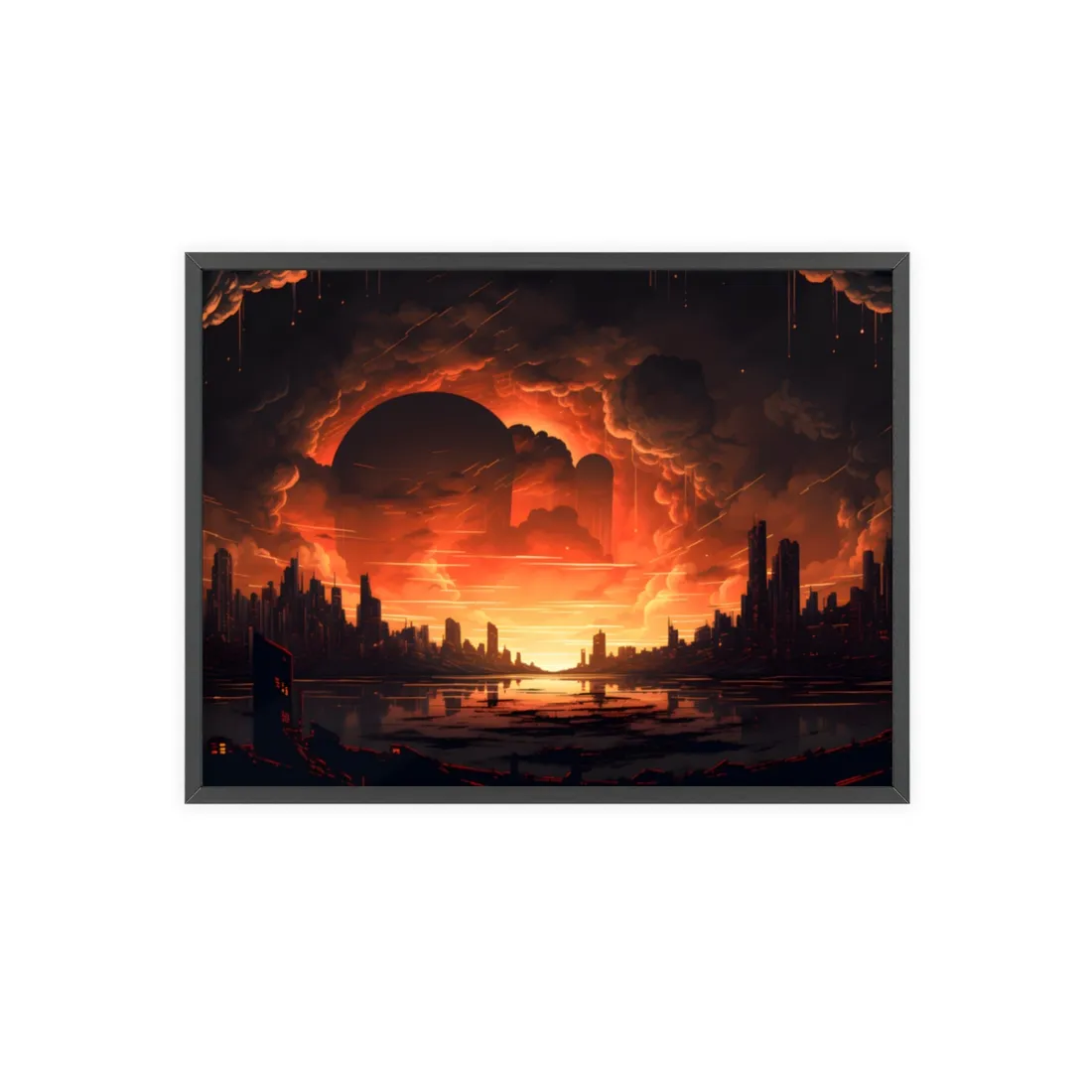 Futuristic Cyberpunk Night: Burning Cityscape Landscape Art - Framed Poster