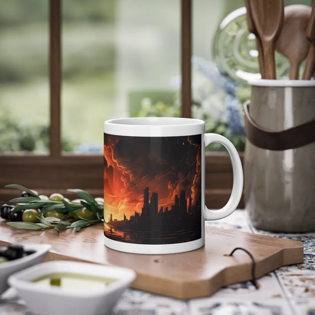 Futuristic Cyberpunk Night: Burning Cityscape Landscape Art - Mug