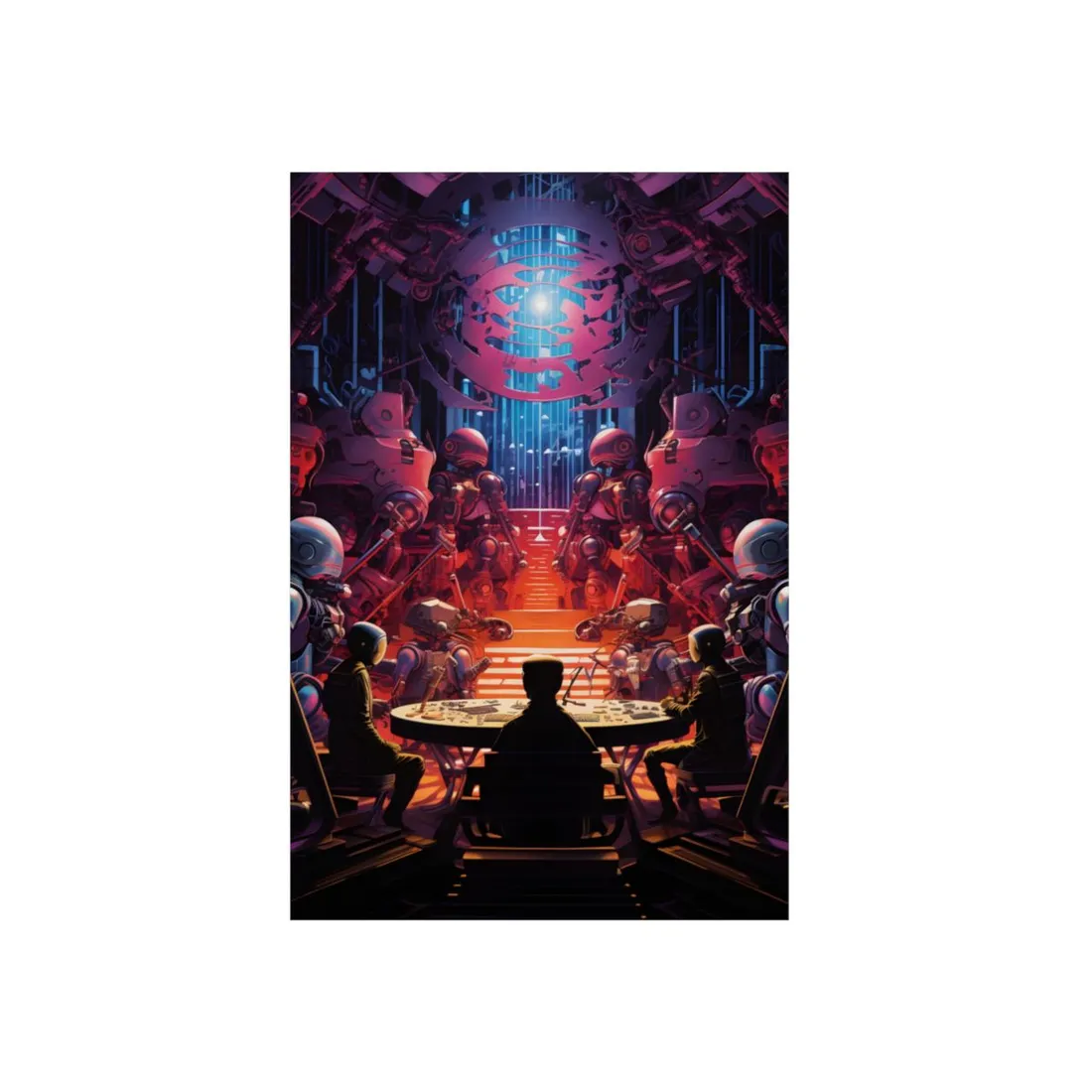 Futuristic Dining Hall: Robots and Figures at Tables - Metal Poster