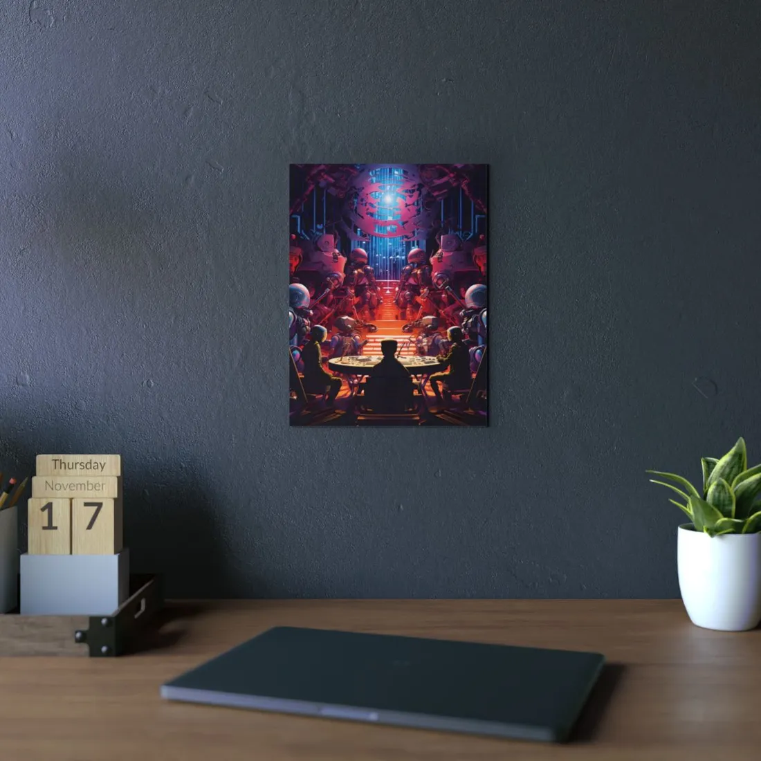 Futuristic Dining Hall: Robots and Figures at Tables - Metal Poster