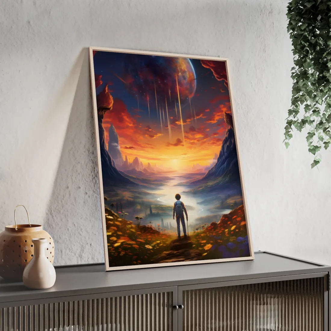 Futuristic Explorer in Wilderness: A Glimpse into Tomorrow - Framed Poster