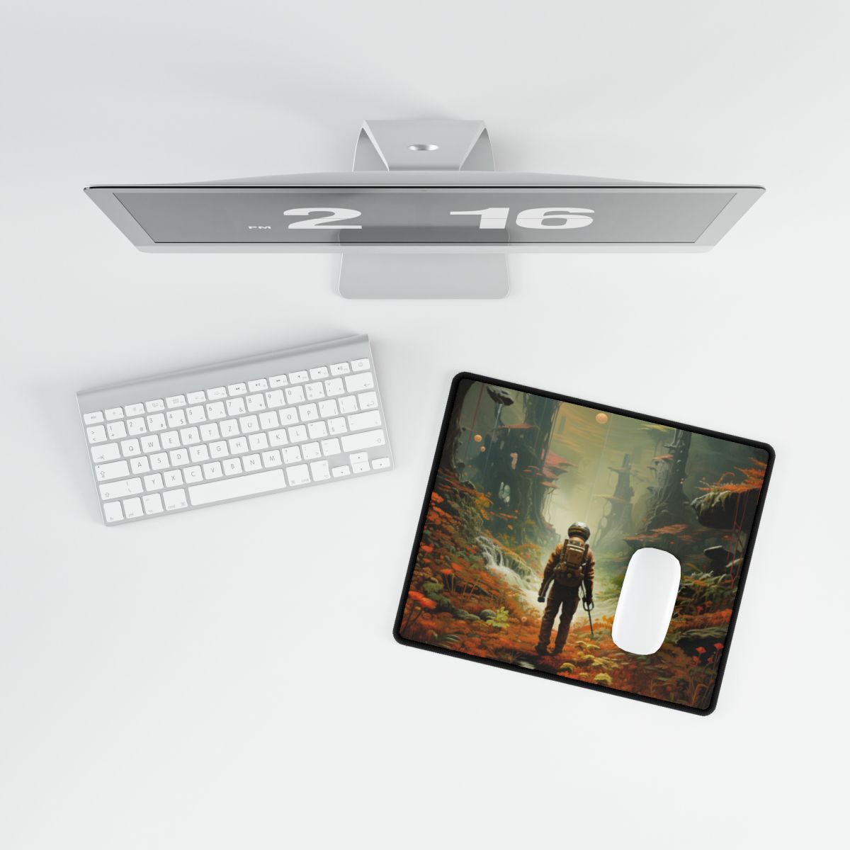 Futuristic Explorer in Wilderness: Digital Artwork - Desk Mat