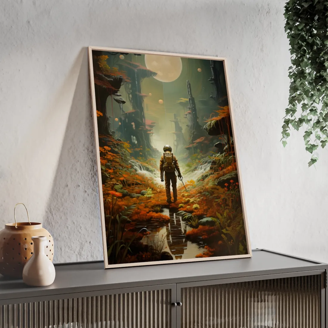 Futuristic Explorer in Wilderness - Framed Poster