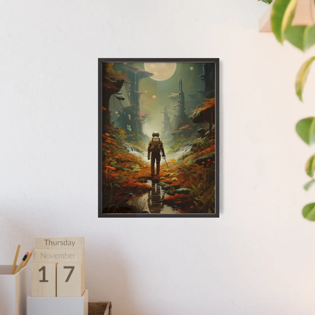 Futuristic Explorer in Wilderness - Framed Poster