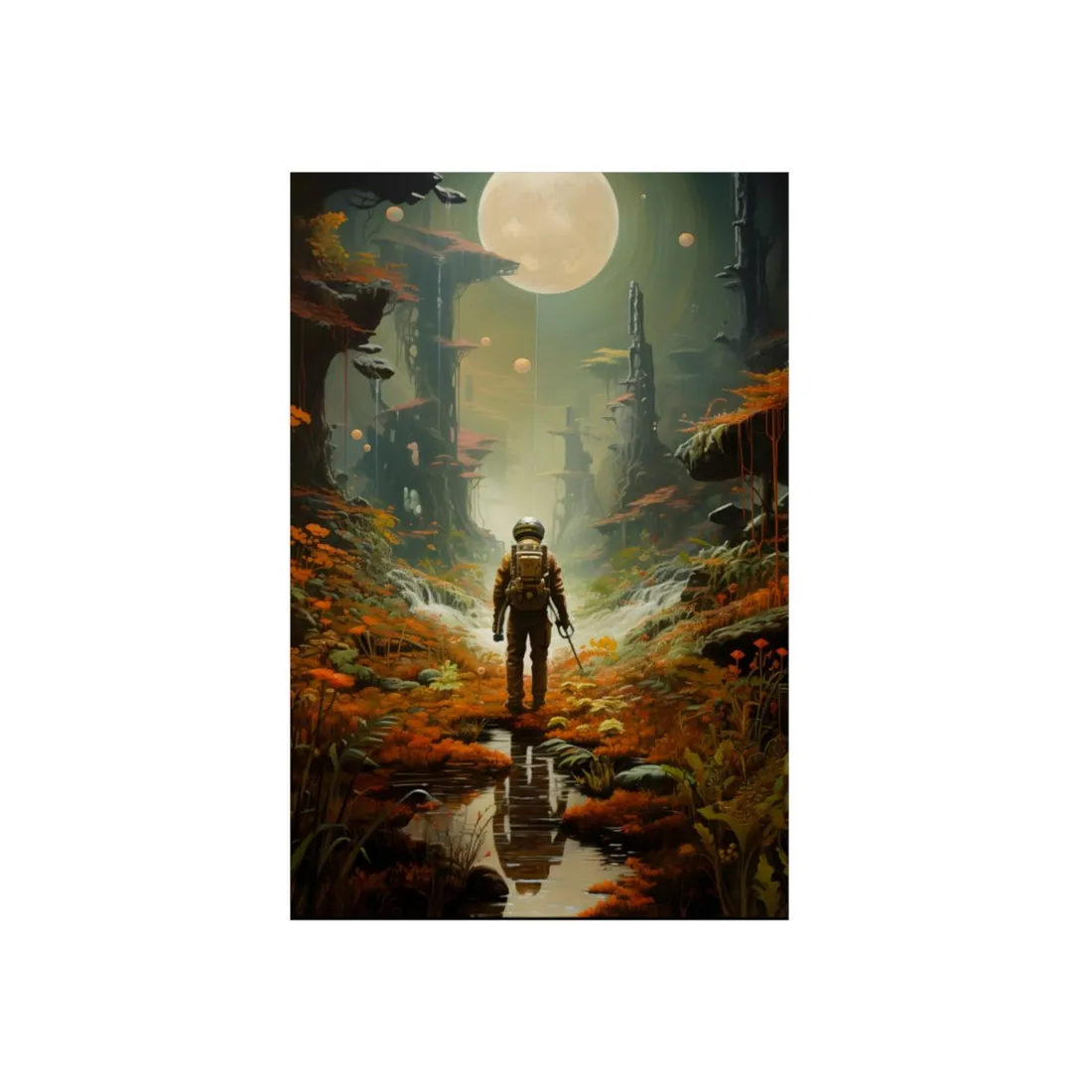 Futuristic Explorer in Wilderness - Metal Poster
