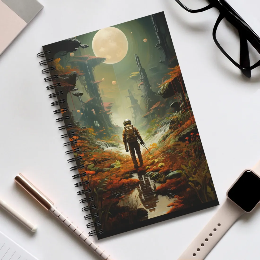 Futuristic Explorer in Wilderness - Spiral Notebook