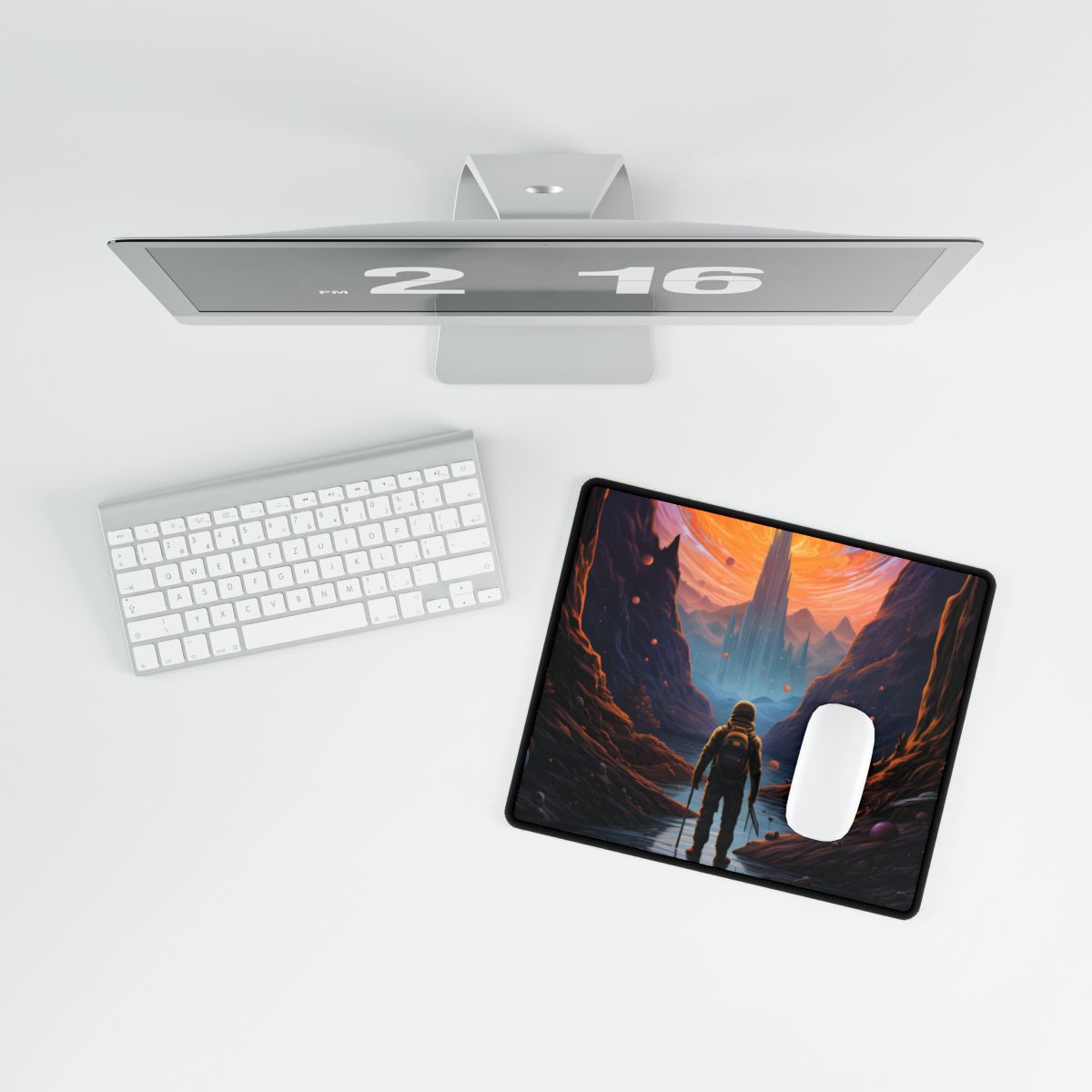 Futuristic Explorer in Wilderness: Sci-Fi Artwork - Desk Mat