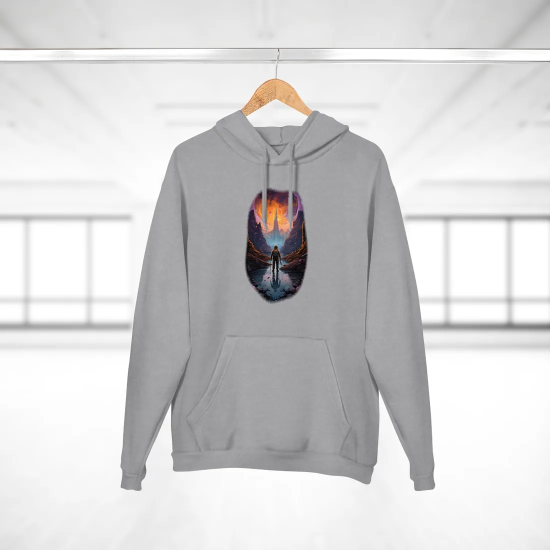 Futuristic Explorer in Wilderness: Sci-Fi Hoodie - Hoodie (Heather Grey)