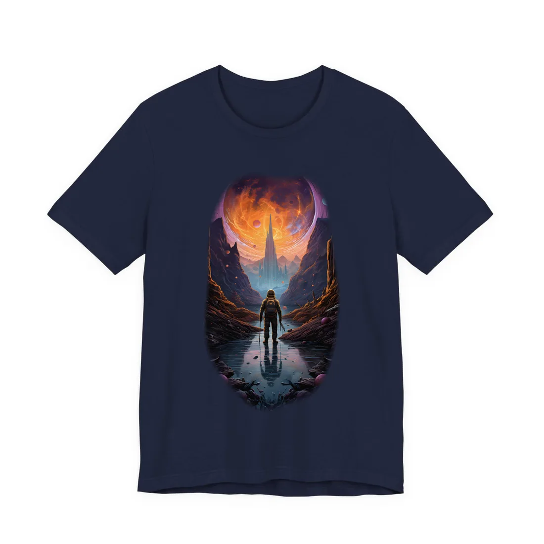 Futuristic Explorer in Wilderness: Sci-Fi T-Shirt - T-Shirt (Navy)
