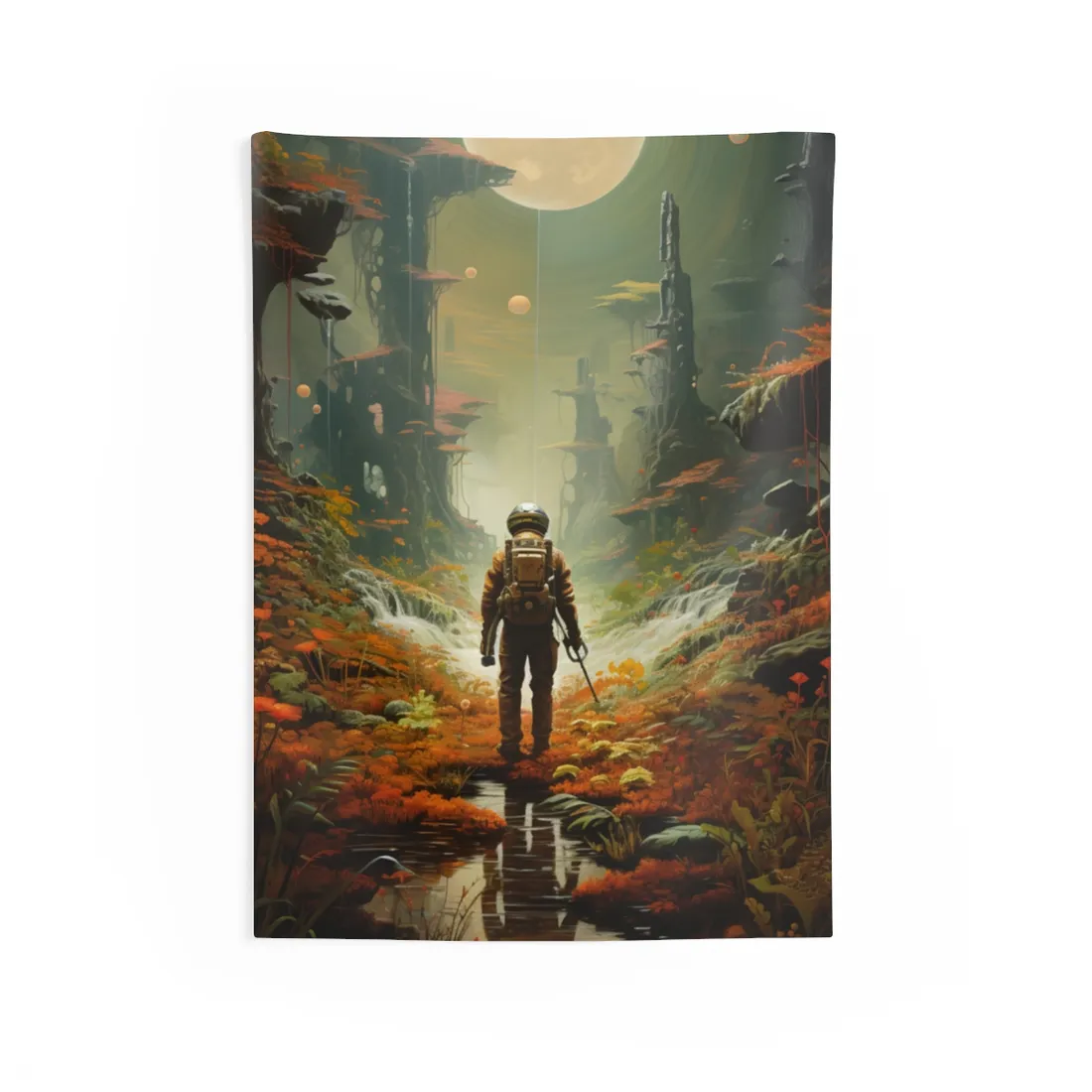 Futuristic Explorer in Wilderness - Wall Tapestry