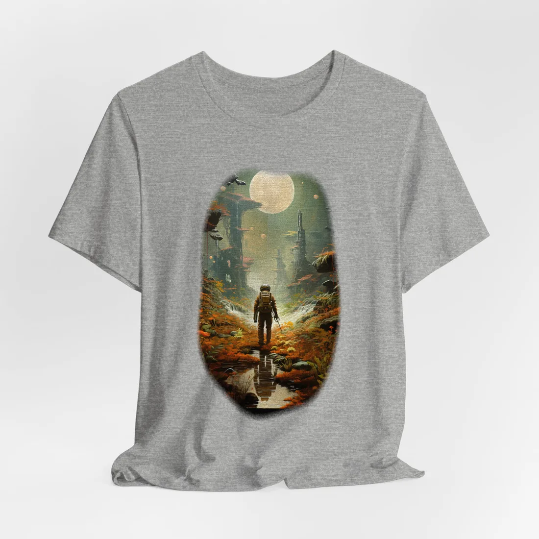 Futuristic Explorer in Wilderness - T-Shirt (Athletic Heather)