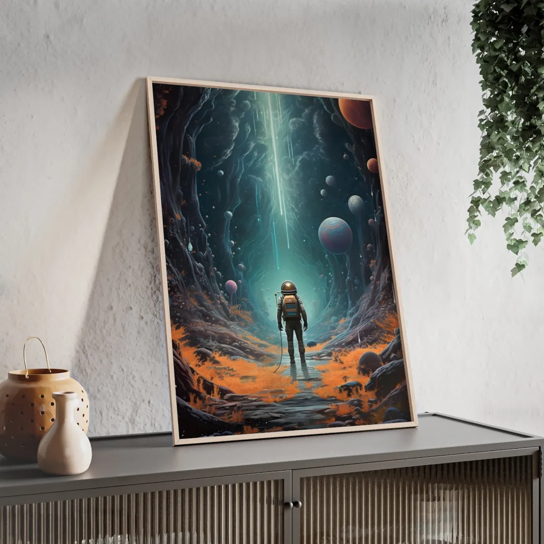 Futuristic Explorer: Sci-Fi Wilderness Encounter Digital Art - Framed Poster