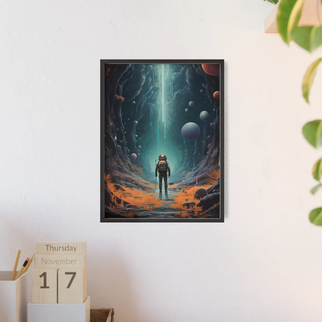Futuristic Explorer: Sci-Fi Wilderness Encounter Digital Art - Framed Poster