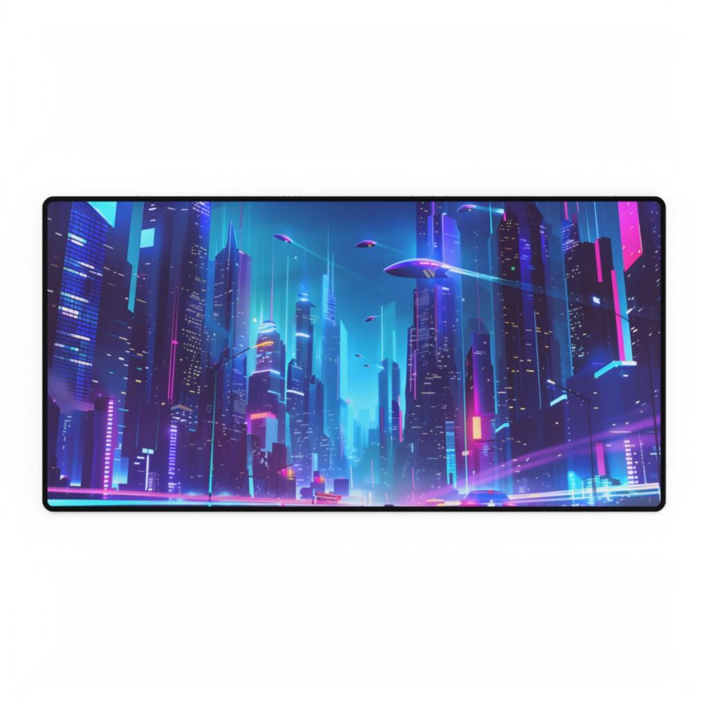 Futuristic Neon City: Towering Skyscrapers in a Vibrant Nighttime Sky - Desk Mat