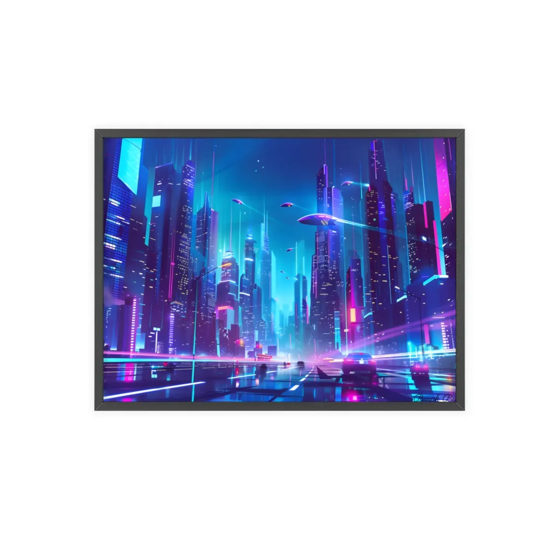 Futuristic Neon City: Towering Skyscrapers in a Vibrant Nighttime Sky - Framed Poster