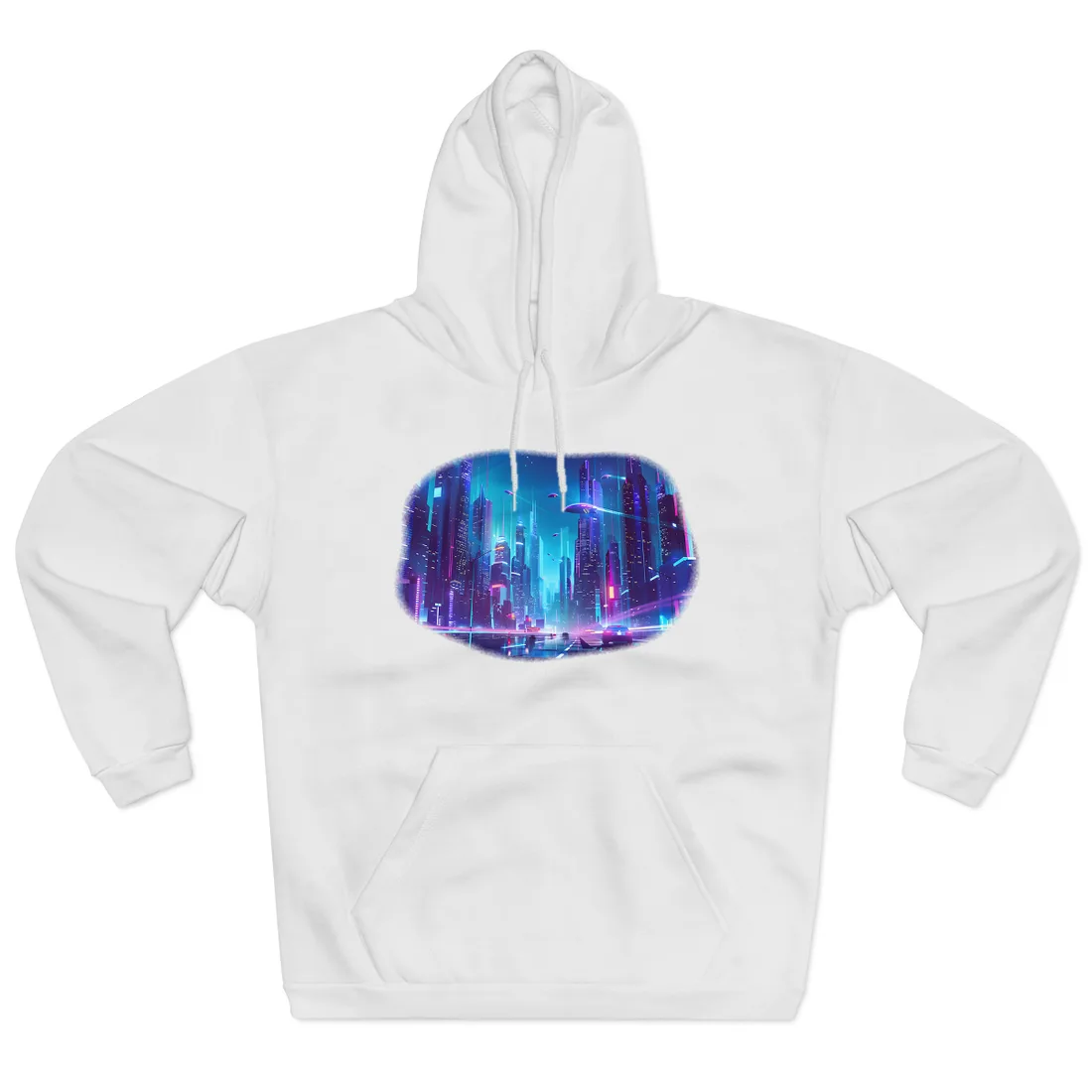 Futuristic Neon City: Towering Skyscrapers in a Vibrant Nighttime Sky - Hoodie (White)