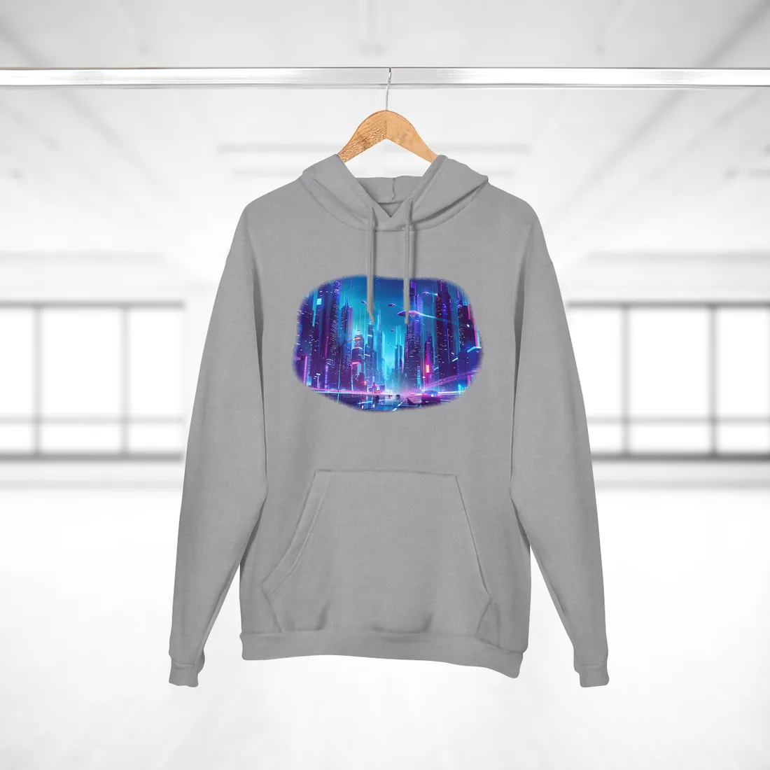 Futuristic Neon City: Towering Skyscrapers in a Vibrant Nighttime Sky - Hoodie (Heather Grey)
