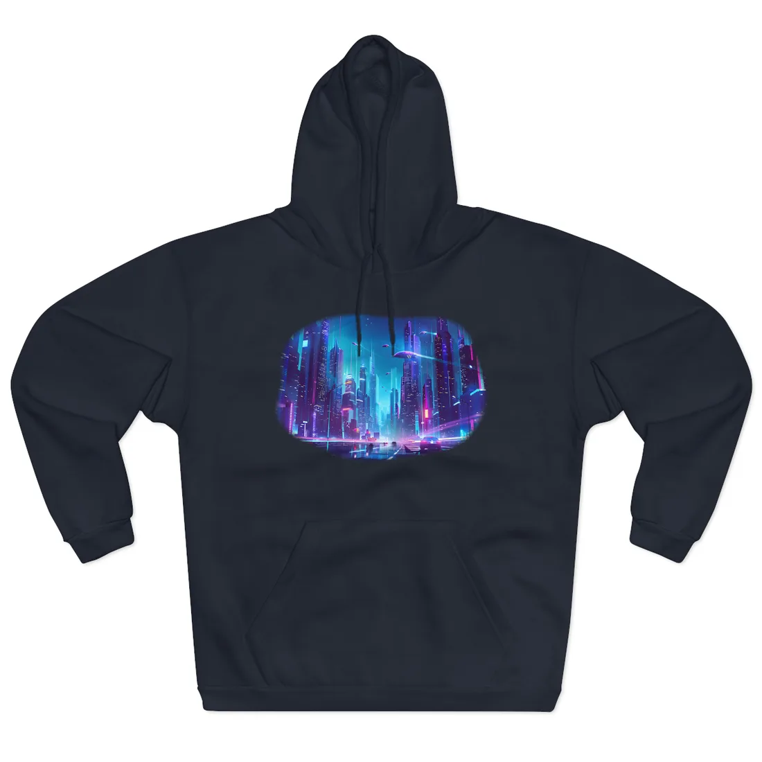 Futuristic Neon City: Towering Skyscrapers in a Vibrant Nighttime Sky - Hoodie (Navy)