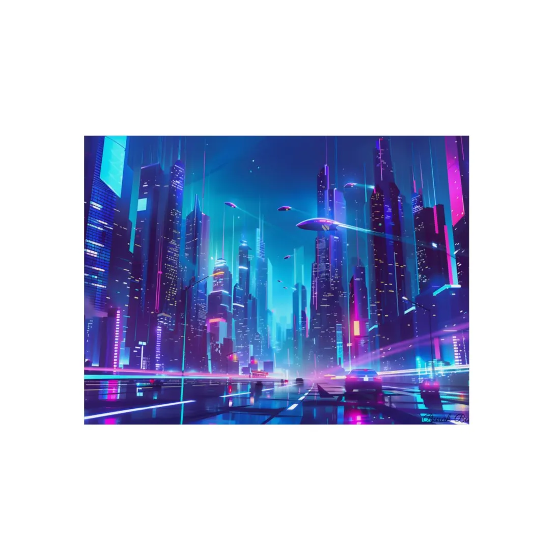 Futuristic Neon City: Towering Skyscrapers in a Vibrant Nighttime Sky - Metal Poster
