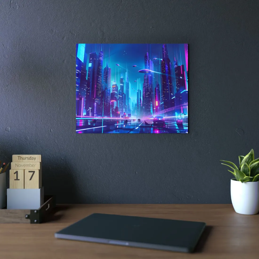 Futuristic Neon City: Towering Skyscrapers in a Vibrant Nighttime Sky - Metal Poster