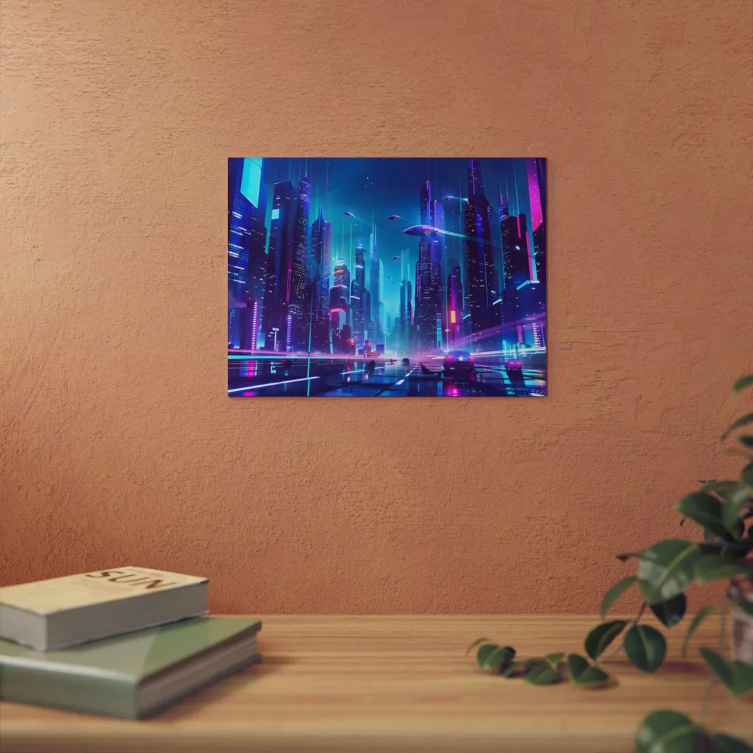 Futuristic Neon City: Towering Skyscrapers in a Vibrant Nighttime Sky - Metal Poster