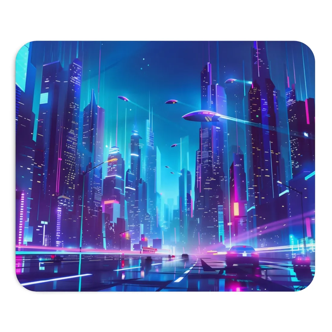 Futuristic Neon City: Towering Skyscrapers in a Vibrant Nighttime Sky - Mouse Pad