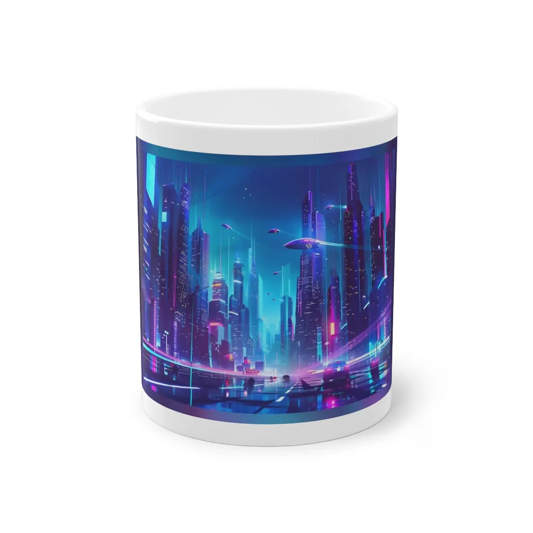 Futuristic Neon City: Towering Skyscrapers in a Vibrant Nighttime Sky - Mug