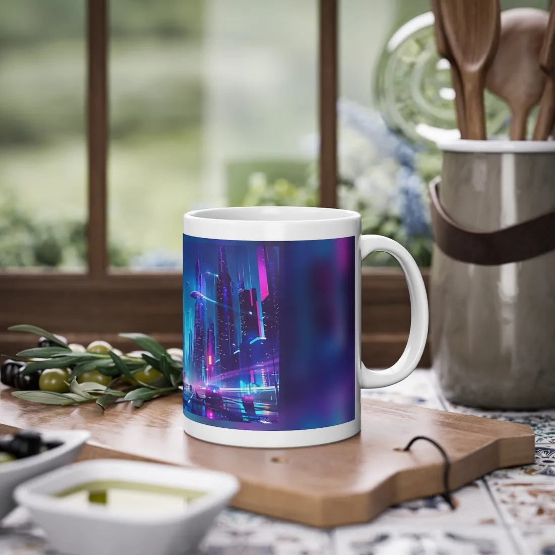Futuristic Neon City: Towering Skyscrapers in a Vibrant Nighttime Sky - Mug