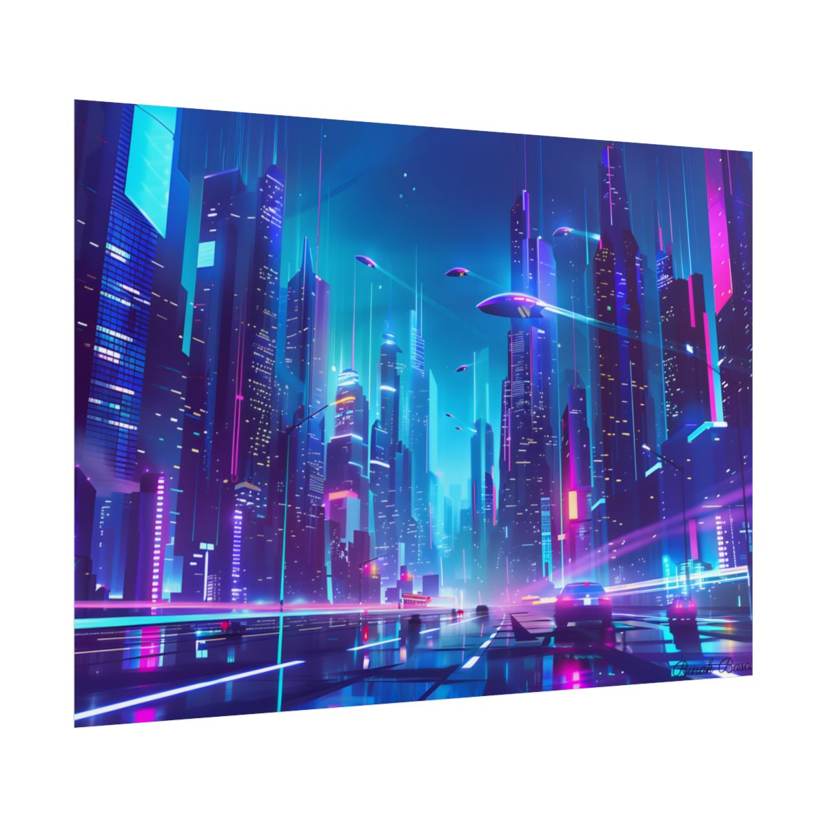 Futuristic Neon City: Towering Skyscrapers in a Vibrant Nighttime Sky - Poster
