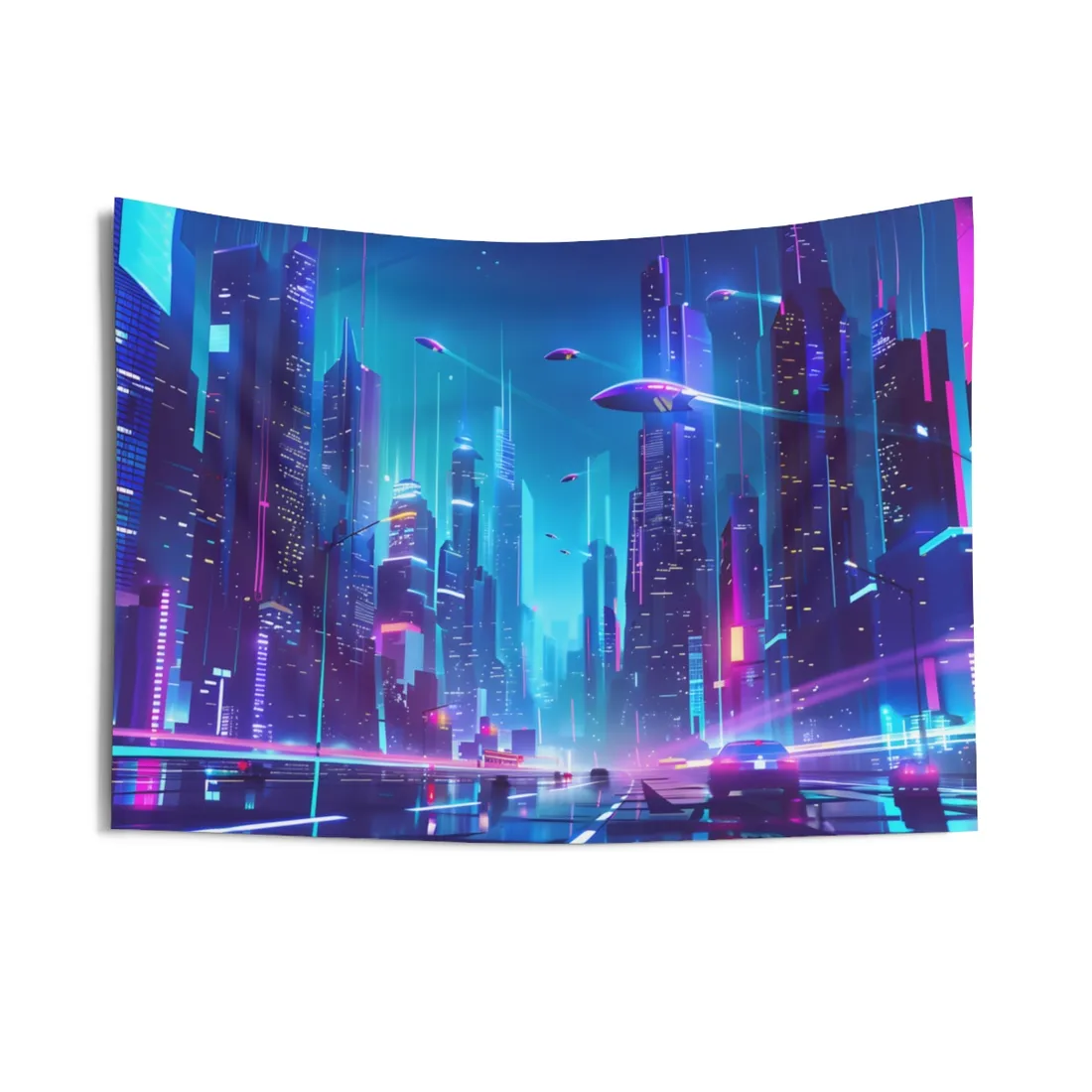 Neon-lit futuristic city at night with glowing skyscrapers, hovering vehicles and a car – Wall Tapestry, view 1
