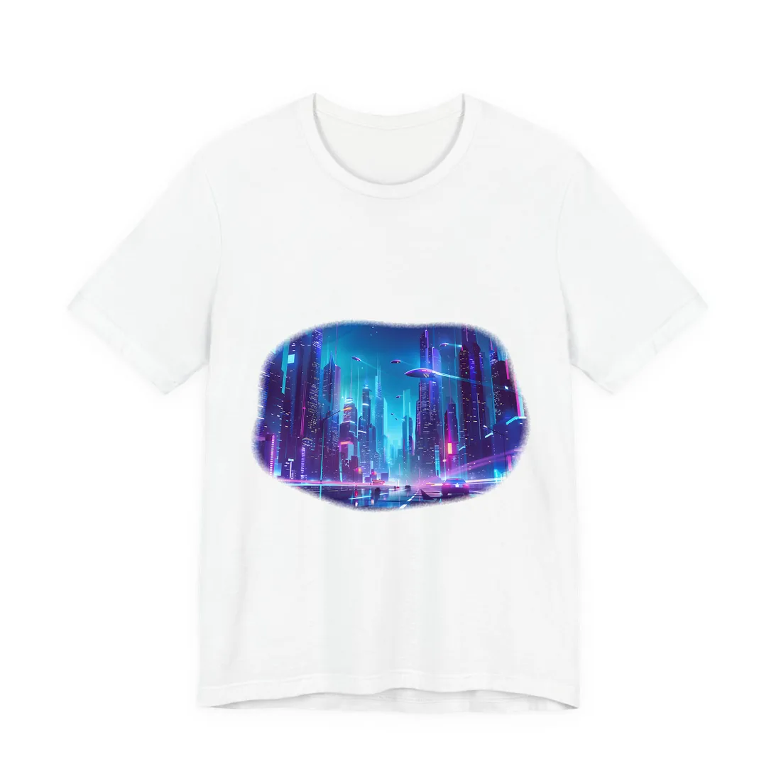 Futuristic Neon City: Towering Skyscrapers in a Vibrant Nighttime Sky - T-Shirt (White)