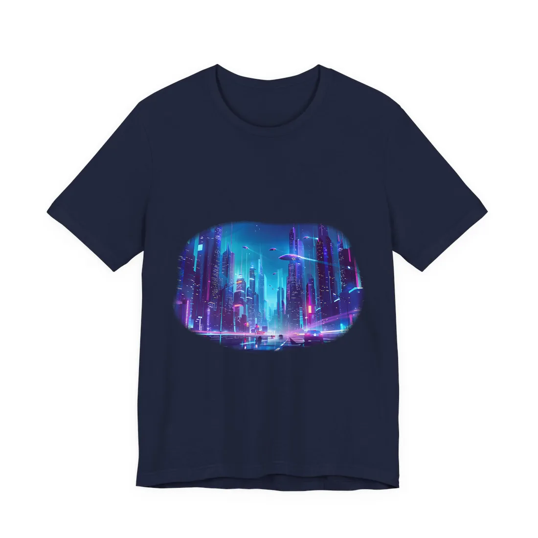 Futuristic Neon City: Towering Skyscrapers in a Vibrant Nighttime Sky - T-Shirt (Navy)