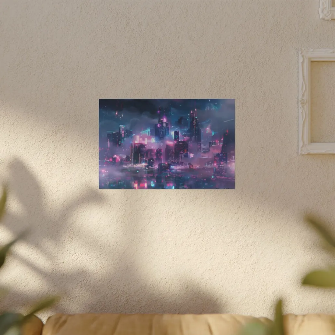 Futuristic Neon City: Urban Oasis at Night - Canvas