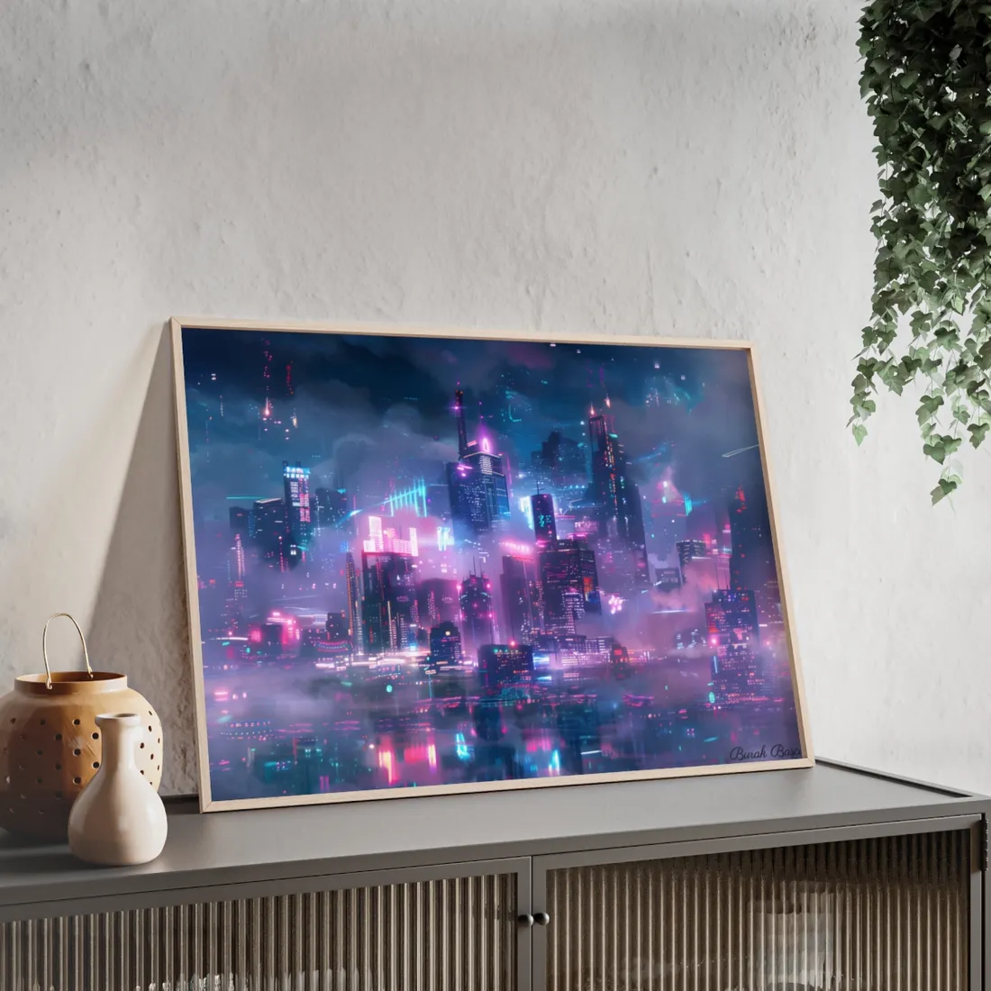 Futuristic Neon City: Urban Oasis at Night - Framed Poster