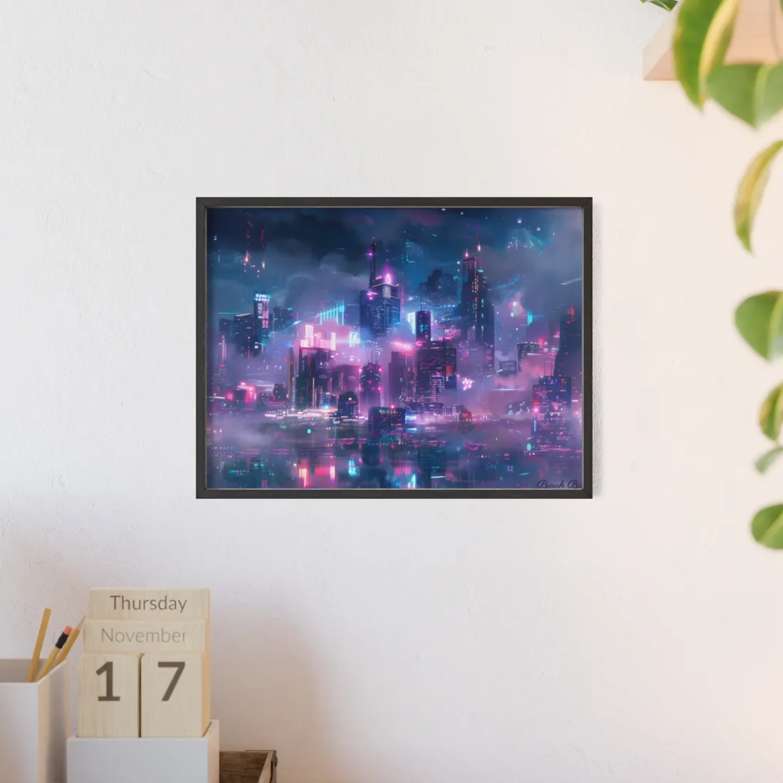 Futuristic Neon City: Urban Oasis at Night - Framed Poster