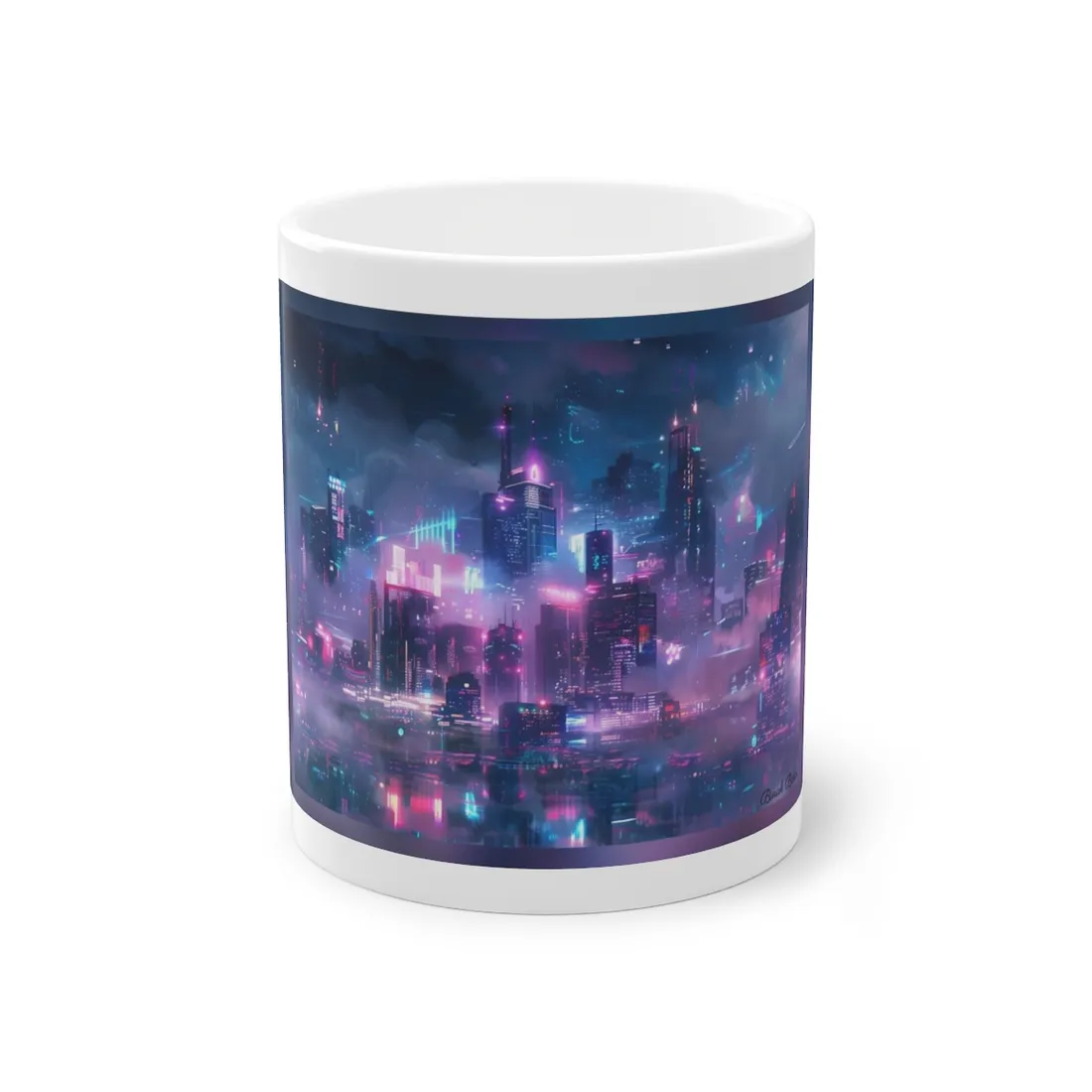 Futuristic Neon City: Urban Oasis at Night - Mug
