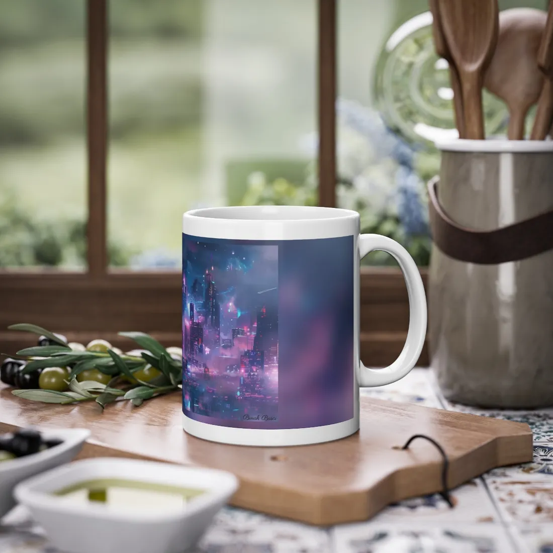 Futuristic Neon City: Urban Oasis at Night - Mug