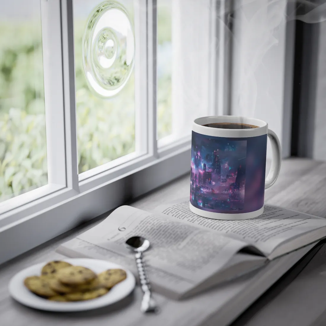 Futuristic Neon City: Urban Oasis at Night - Mug