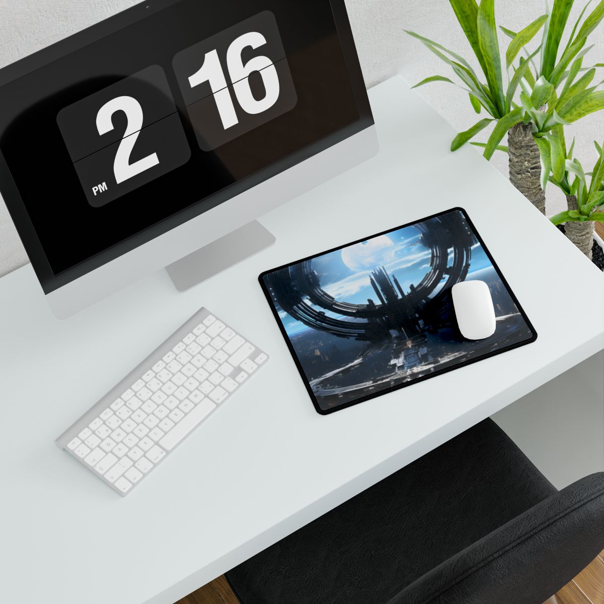 Futuristic Space Station: Orbiting Multimoon Planet Artwork - Desk Mat