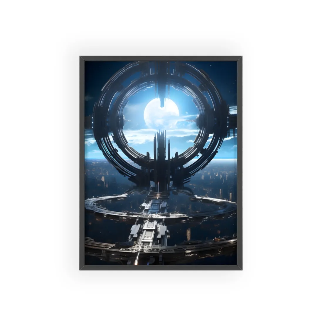 Futuristic Space Station: Orbiting Multimoon Planet - Framed Poster