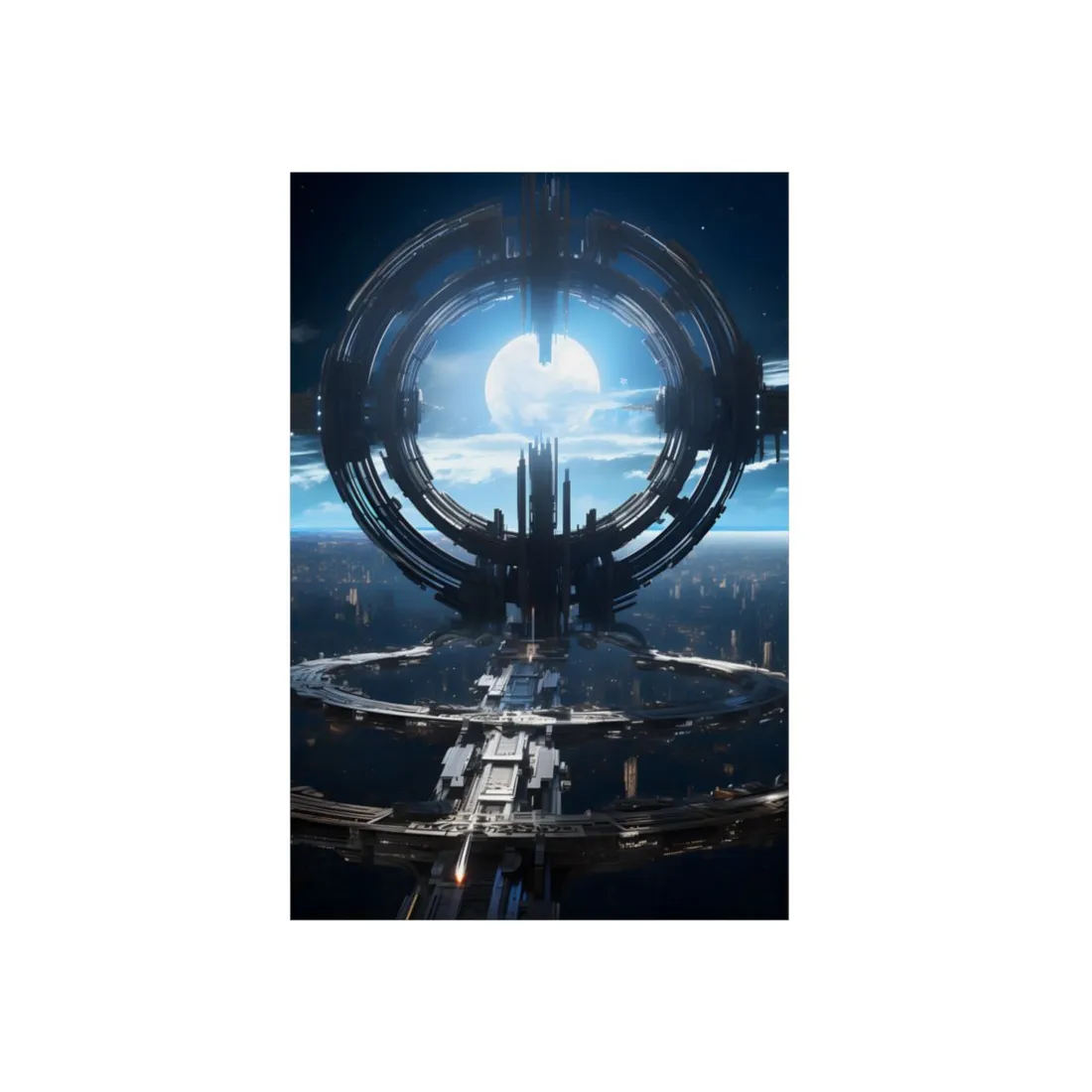 Futuristic Space Station: Orbiting Multimoon Planet - Metal Poster