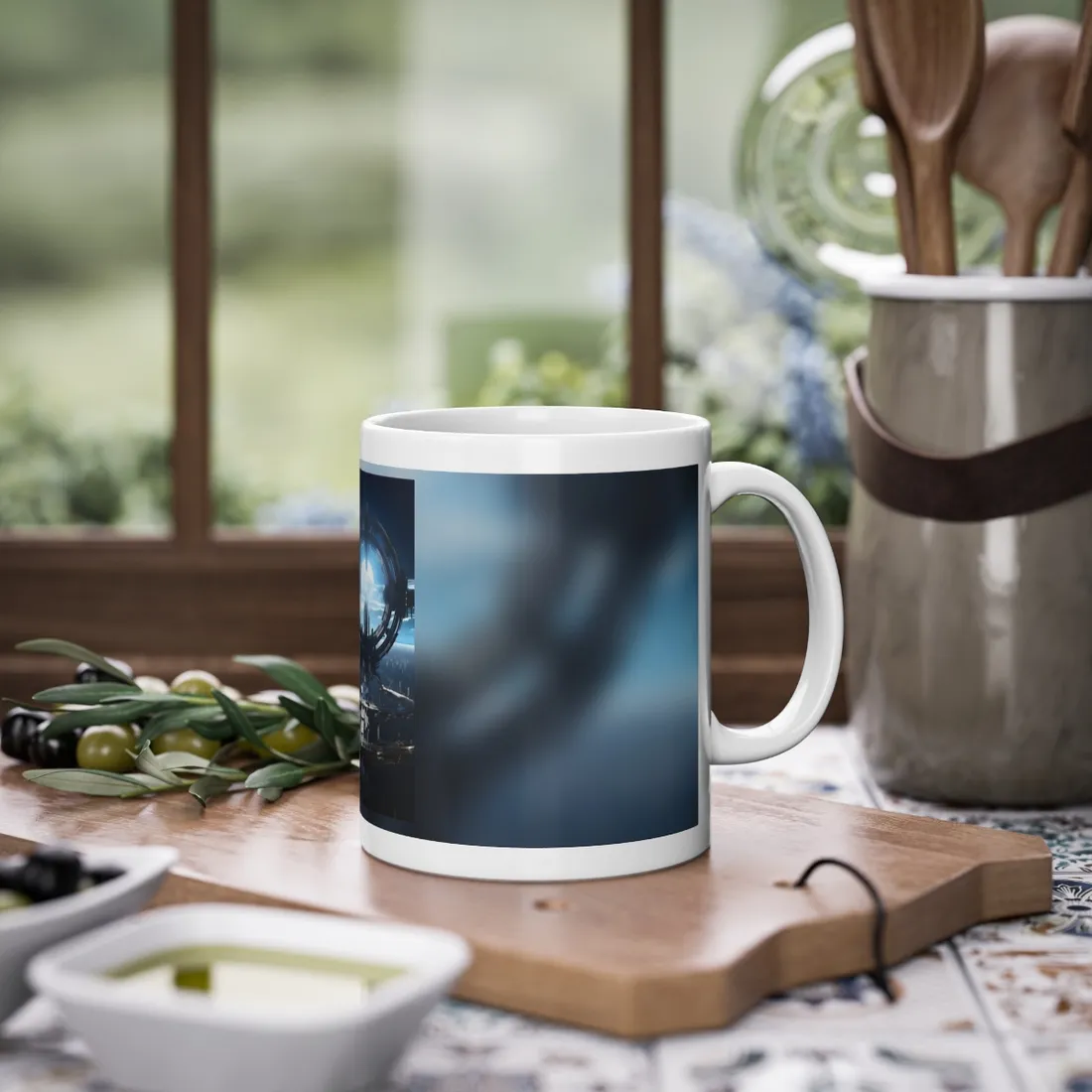 Futuristic Space Station: Orbiting Multimoon Planet - Mug
