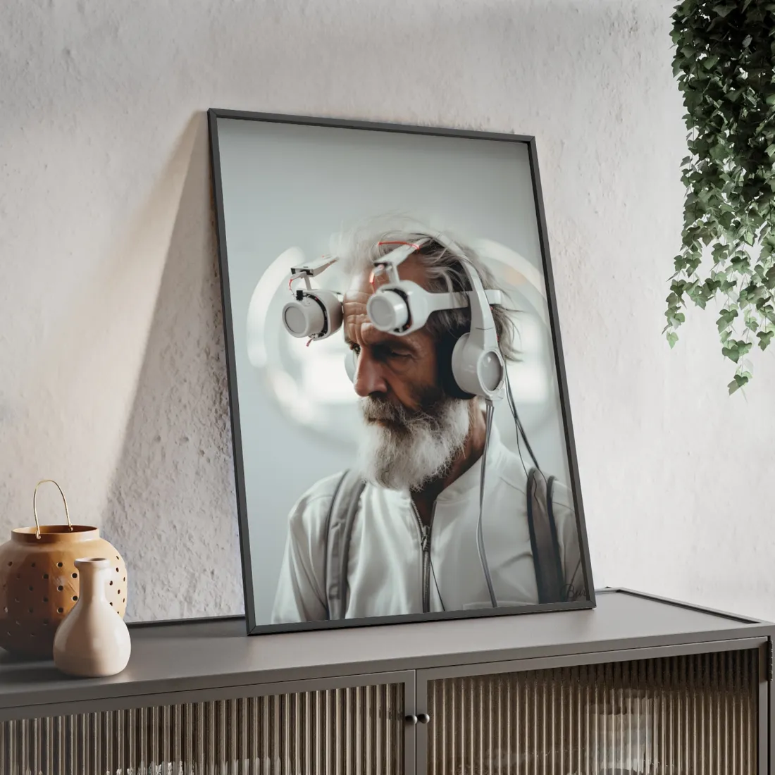 Futuristic Tech-Savvy Senior: Digital Art - Framed Poster