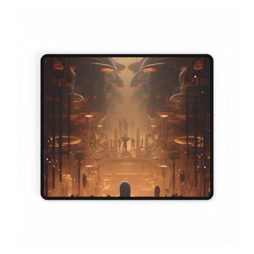Futuristic Tribal Gathering: Vibrant Colors Digital Artwork - Desk Mat